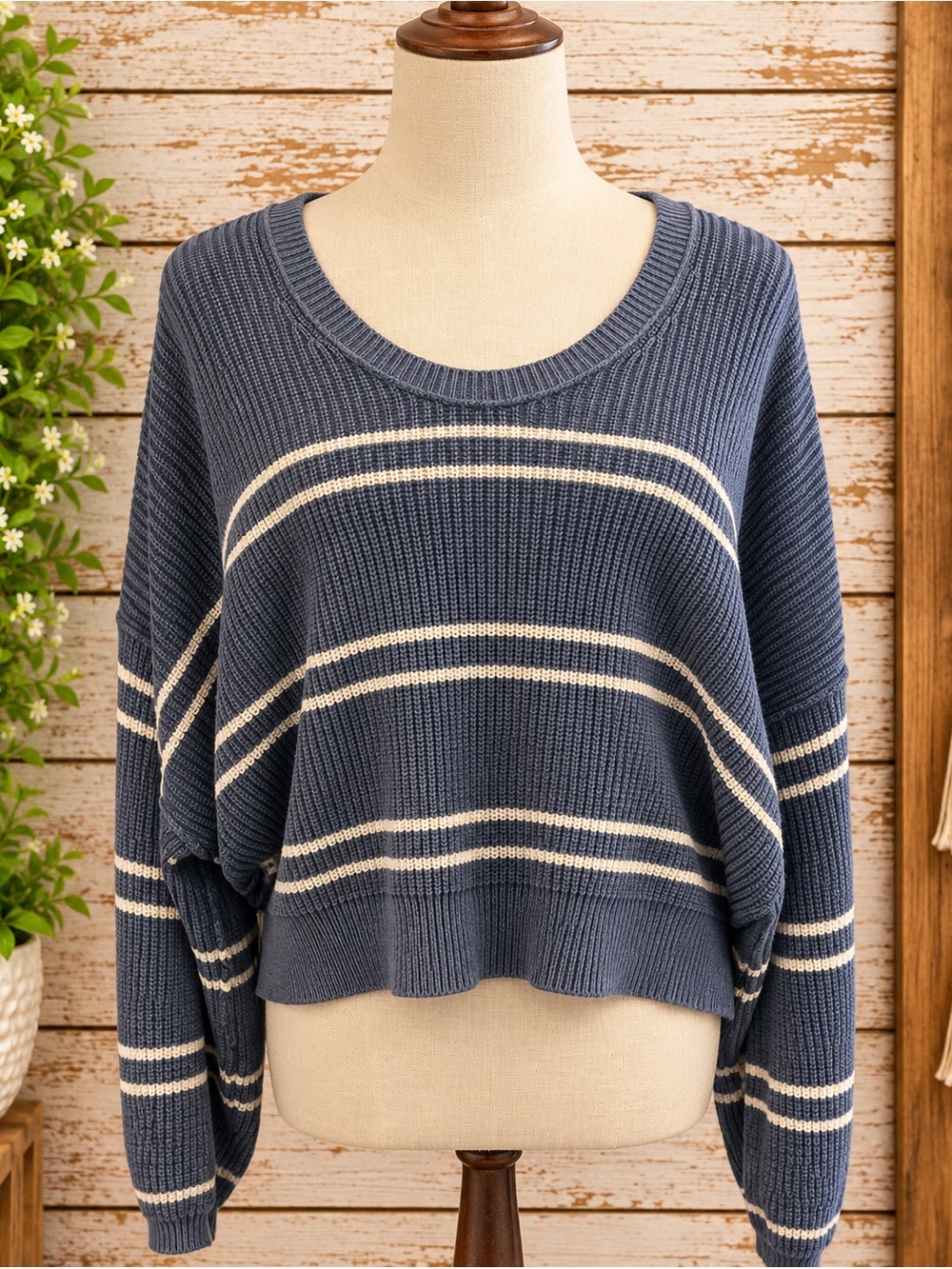 aerie Navy & Cream Striped Scoopneck Sweater
